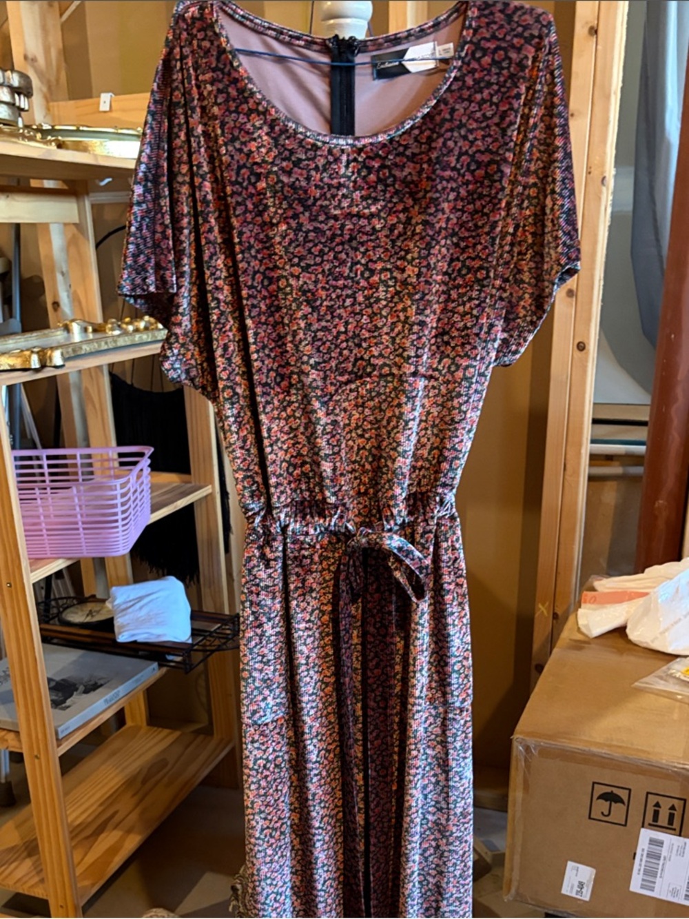 Floral Short-Sleeve Jump Suit with Tie Waist - Pink & Black